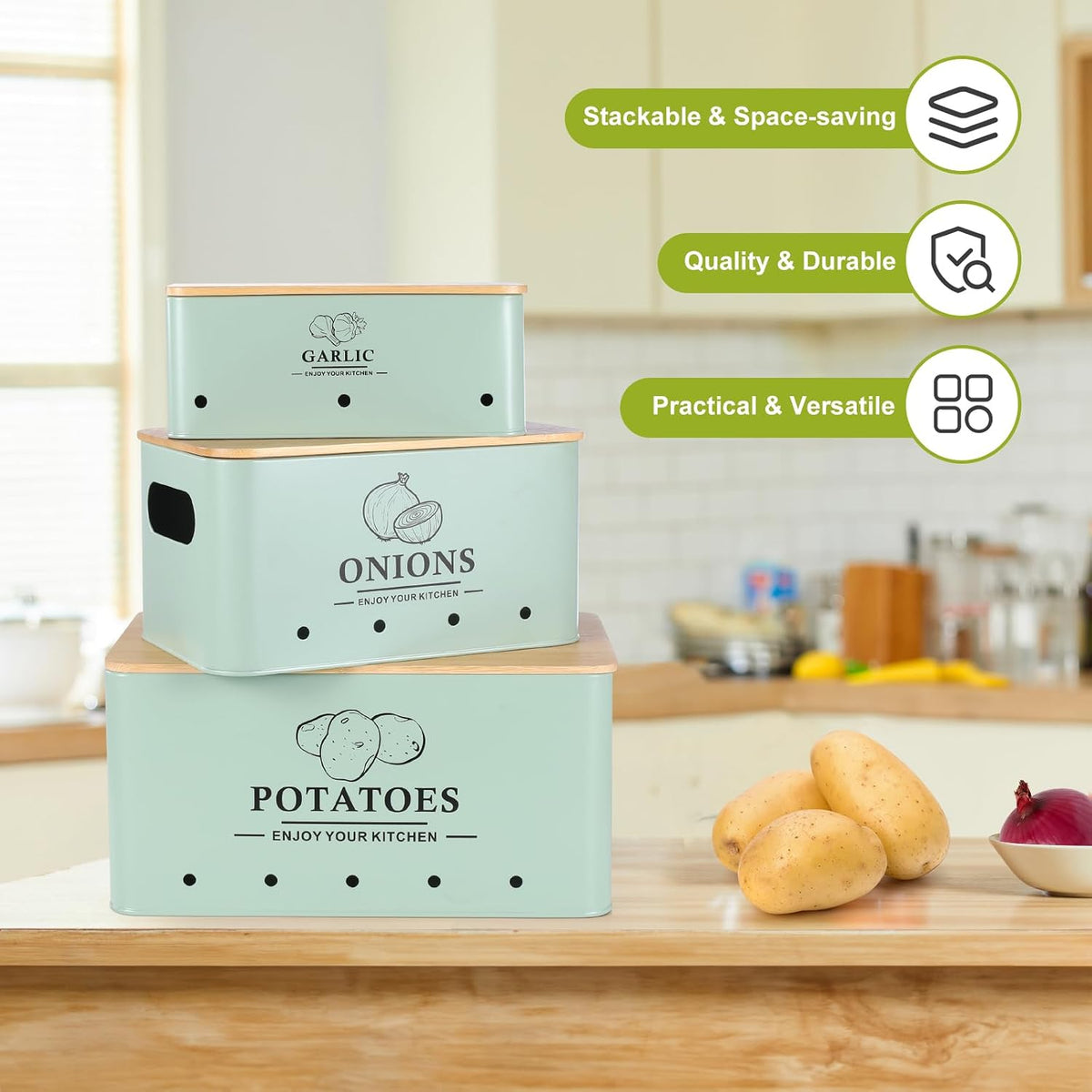 Kitchen Vegetable Storage Set of 3, Metal Onion Garlic Potato Storage Set, Kitchen Canisters Vegetable Keeper Containers with Aerating Holes and Wooden Lid (Dark Blue)