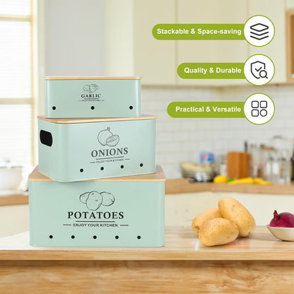 Kitchen Vegetable Storage Set of 3, Metal Onion Garlic Potato Storage Set, Kitchen Canisters Vegetable Keeper Containers with Aerating Holes and Wooden Lid (Dark Blue)