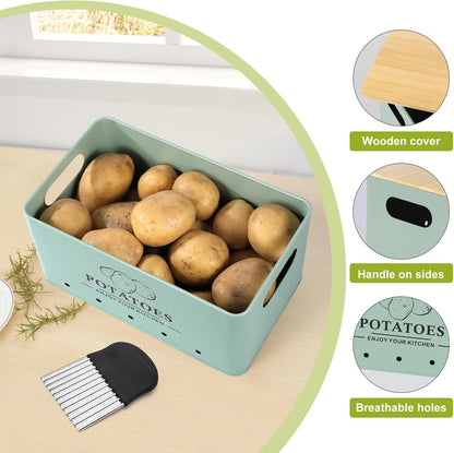 Kitchen Vegetable Storage Set of 3, Metal Onion Garlic Potato Storage Set, Kitchen Canisters Vegetable Keeper Containers with Aerating Holes and Wooden Lid (Dark Blue)
