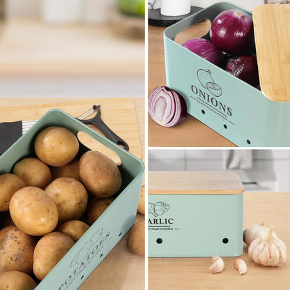 Kitchen Vegetable Storage Set of 3, Metal Onion Garlic Potato Storage Set, Kitchen Canisters Vegetable Keeper Containers with Aerating Holes and Wooden Lid (Dark Blue)