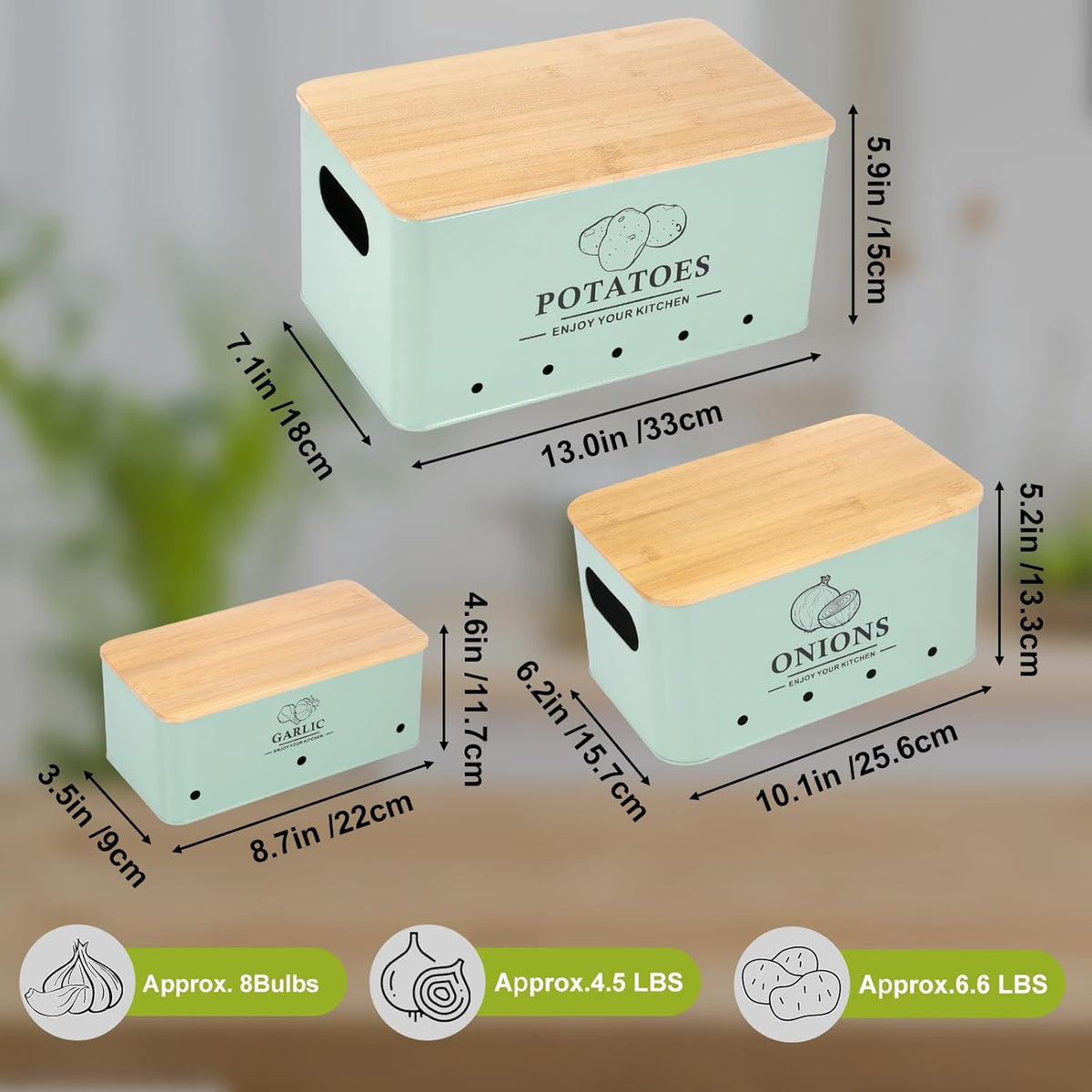 Kitchen Vegetable Storage Set of 3, Metal Onion Garlic Potato Storage Set, Kitchen Canisters Vegetable Keeper Containers with Aerating Holes and Wooden Lid (Dark Blue)