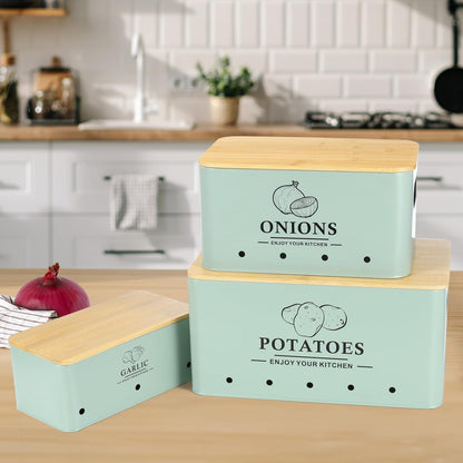Kitchen Vegetable Storage Set of 3, Metal Onion Garlic Potato Storage Set, Kitchen Canisters Vegetable Keeper Containers with Aerating Holes and Wooden Lid (Dark Blue)