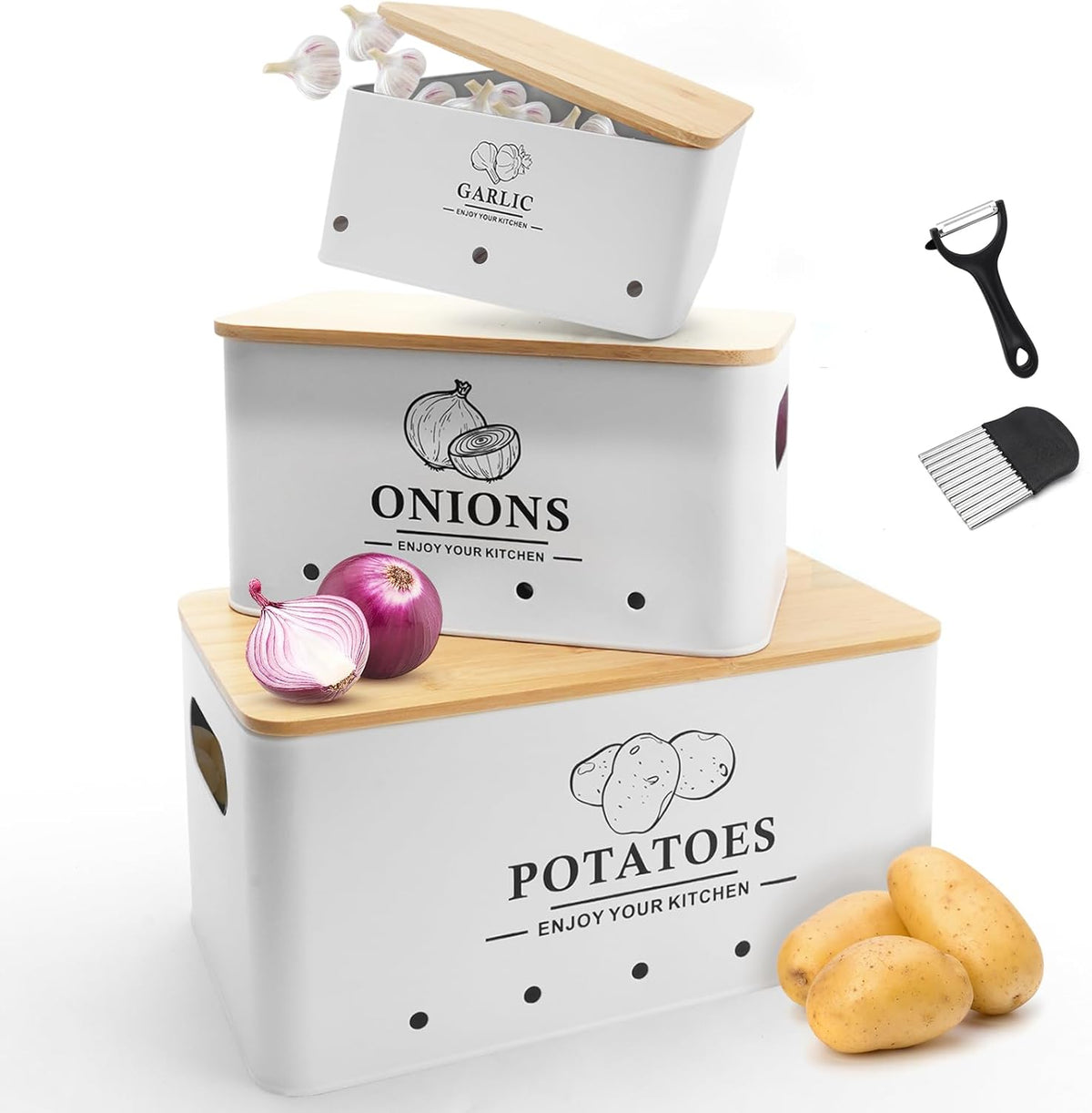 Kitchen Vegetable Storage Set of 3, Metal Onion Garlic Potato Storage Set, Kitchen Canisters Vegetable Keeper Containers with Aerating Holes and Wooden Lid (Dark Blue)