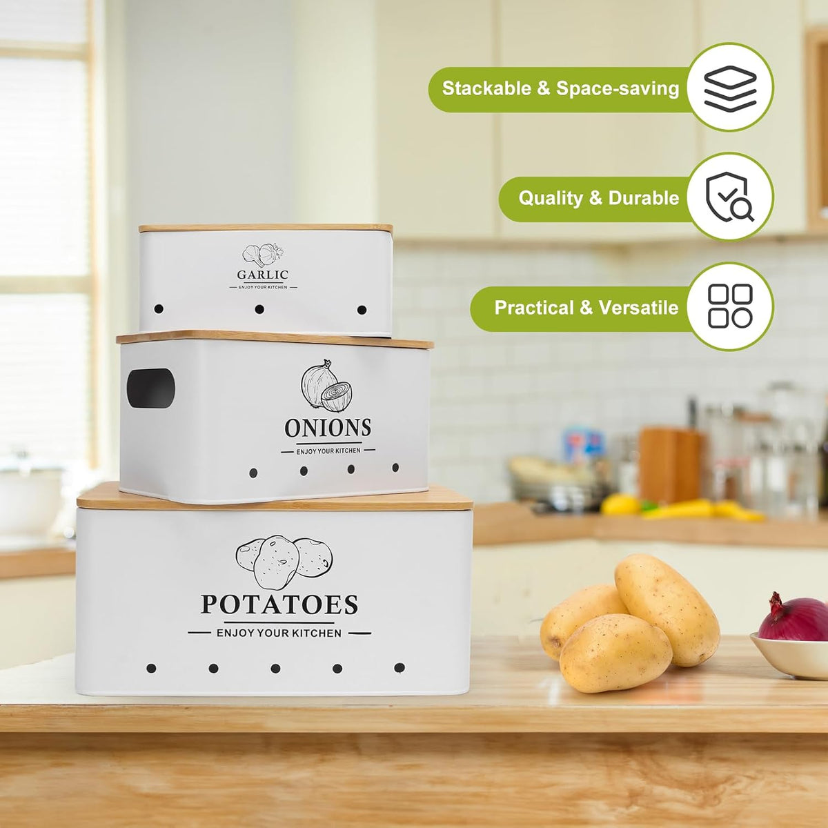 Kitchen Vegetable Storage Set of 3, Metal Onion Garlic Potato Storage Set, Kitchen Canisters Vegetable Keeper Containers with Aerating Holes and Wooden Lid (Dark Blue)