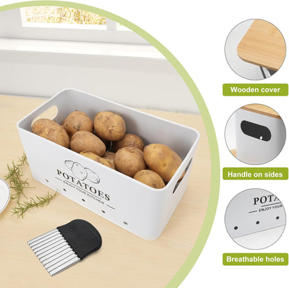 Kitchen Vegetable Storage Set of 3, Metal Onion Garlic Potato Storage Set, Kitchen Canisters Vegetable Keeper Containers with Aerating Holes and Wooden Lid (Dark Blue)
