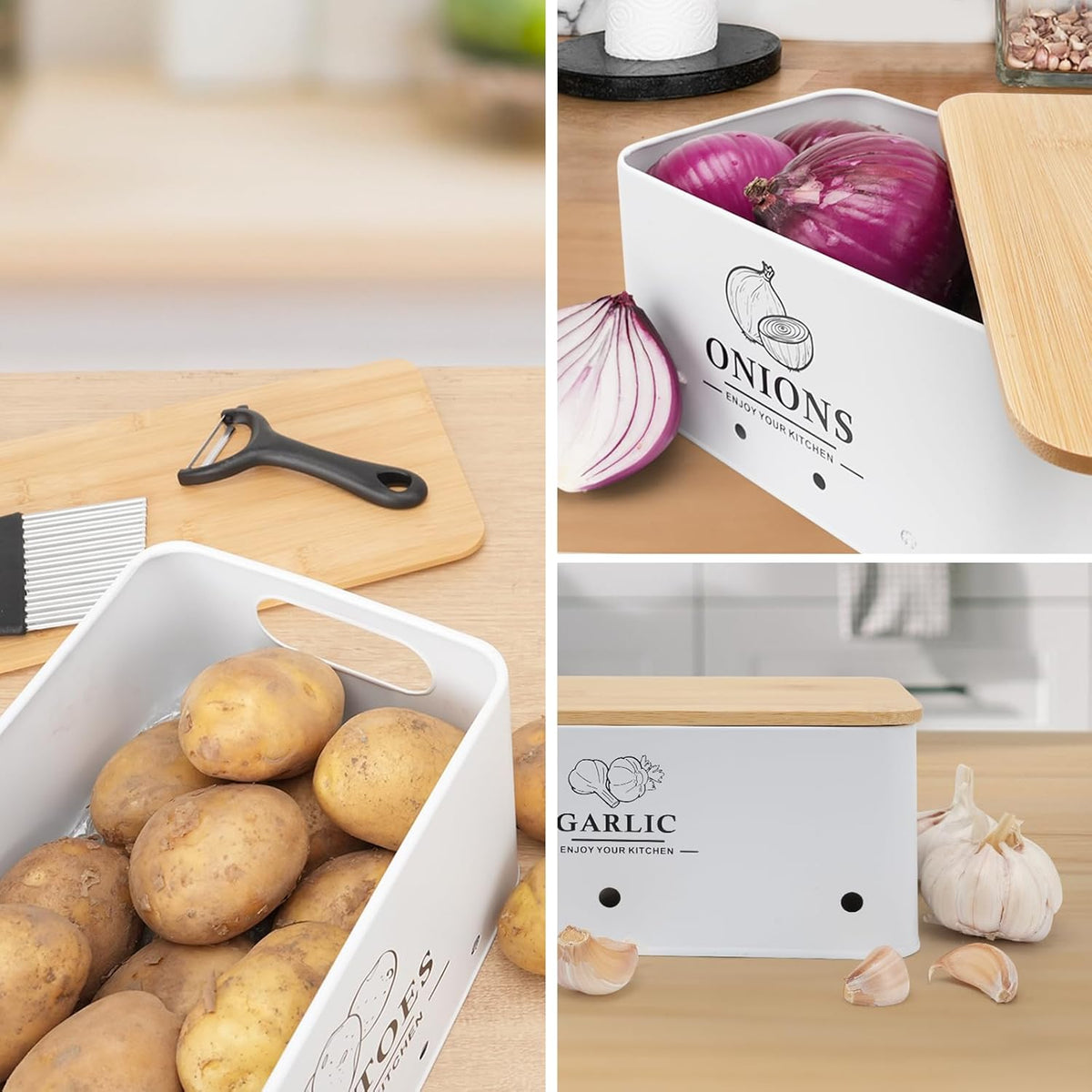 Kitchen Vegetable Storage Set of 3, Metal Onion Garlic Potato Storage Set, Kitchen Canisters Vegetable Keeper Containers with Aerating Holes and Wooden Lid (Dark Blue)