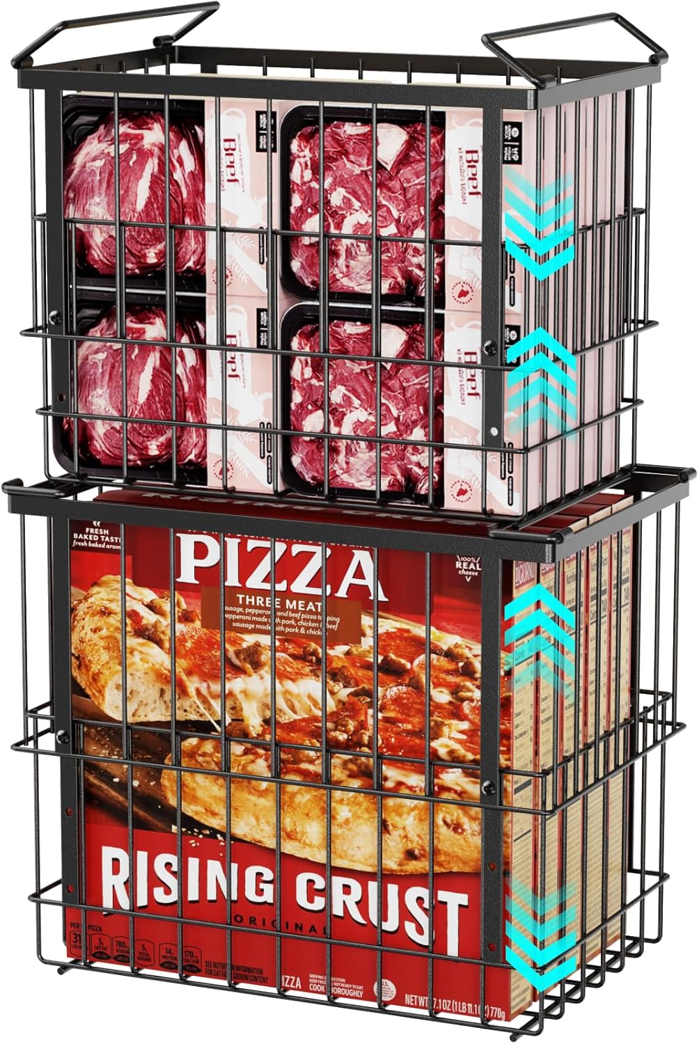 Deep Freezer Organizer Bins - Height-Adjustable Fit 12" Pizza, 2Pcs | Extra Large, Stackable For 5 to 7 Cu. Ft Chest Freezers, Easily Sort and Get Frozen Foods with Handles, No Digging, Black