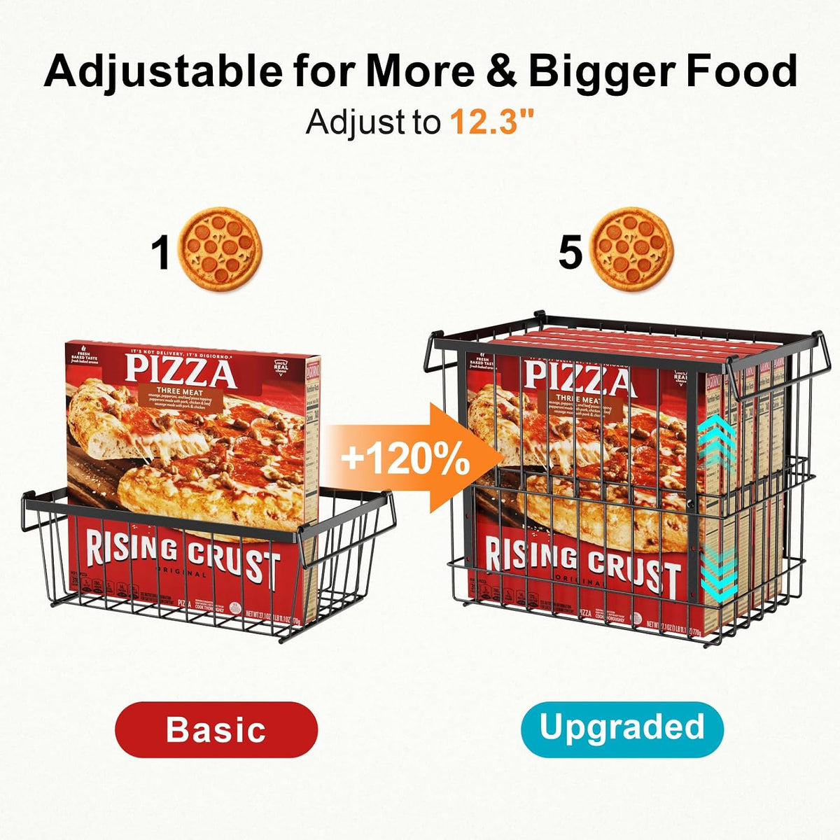 Deep Freezer Organizer Bins - Height-Adjustable Fit 12" Pizza, 2Pcs | Extra Large, Stackable For 5 to 7 Cu. Ft Chest Freezers, Easily Sort and Get Frozen Foods with Handles, No Digging, Black