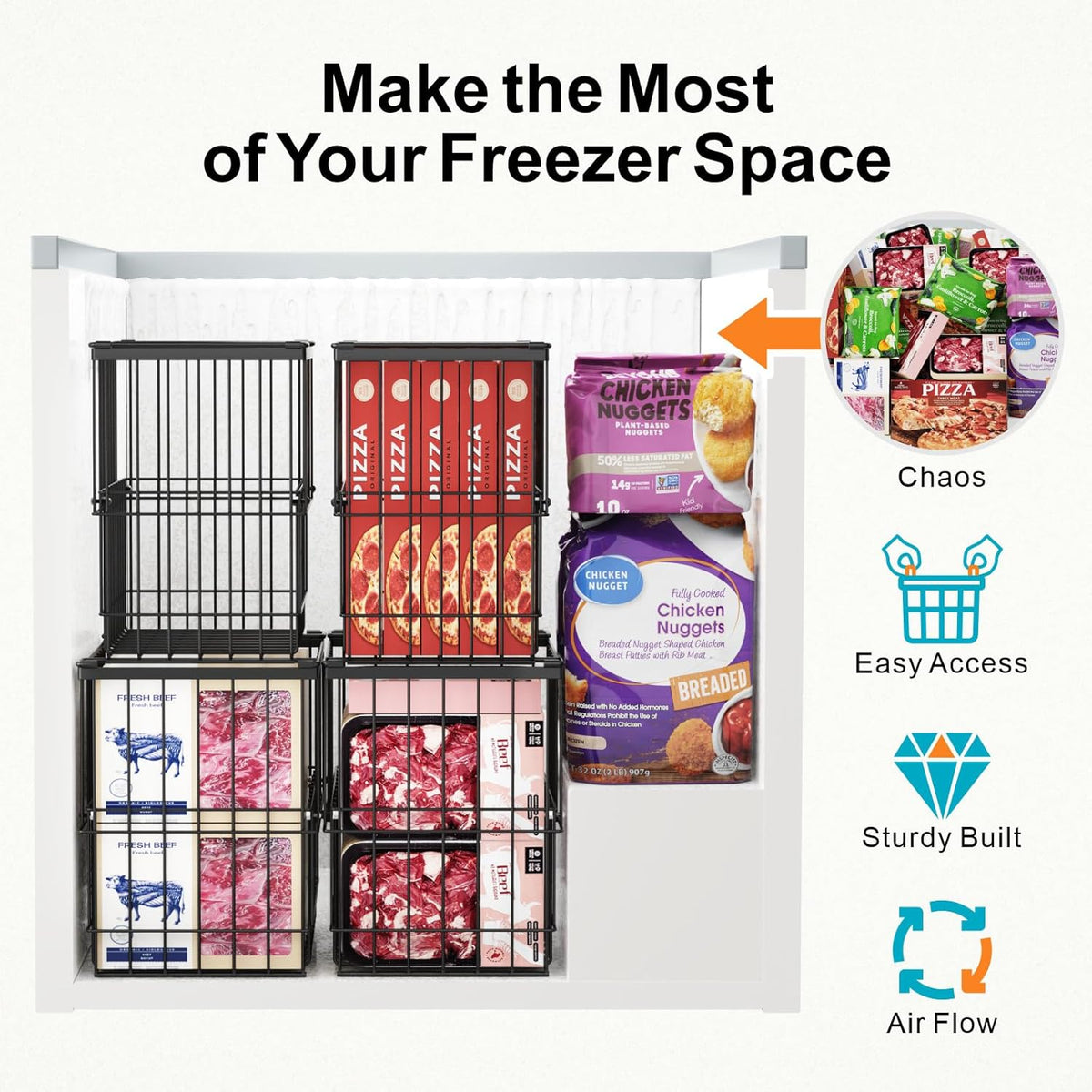 Deep Freezer Organizer Bins - Height-Adjustable Fit 12" Pizza, 2Pcs | Extra Large, Stackable For 5 to 7 Cu. Ft Chest Freezers, Easily Sort and Get Frozen Foods with Handles, No Digging, Black