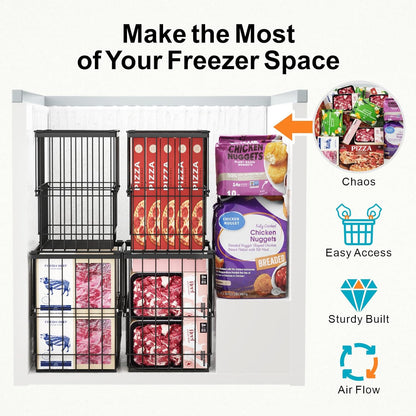 Deep Freezer Organizer Bins - Height-Adjustable Fit 12" Pizza, 2Pcs | Extra Large, Stackable For 5 to 7 Cu. Ft Chest Freezers, Easily Sort and Get Frozen Foods with Handles, No Digging, Black