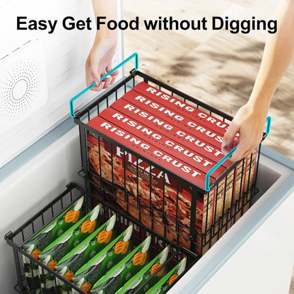 Deep Freezer Organizer Bins - Height-Adjustable Fit 12" Pizza, 2Pcs | Extra Large, Stackable For 5 to 7 Cu. Ft Chest Freezers, Easily Sort and Get Frozen Foods with Handles, No Digging, Black