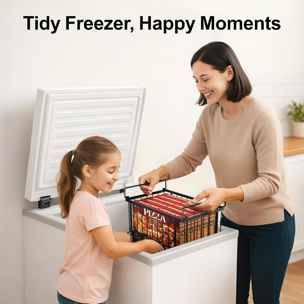Deep Freezer Organizer Bins - Height-Adjustable Fit 12" Pizza, 2Pcs | Extra Large, Stackable For 5 to 7 Cu. Ft Chest Freezers, Easily Sort and Get Frozen Foods with Handles, No Digging, Black
