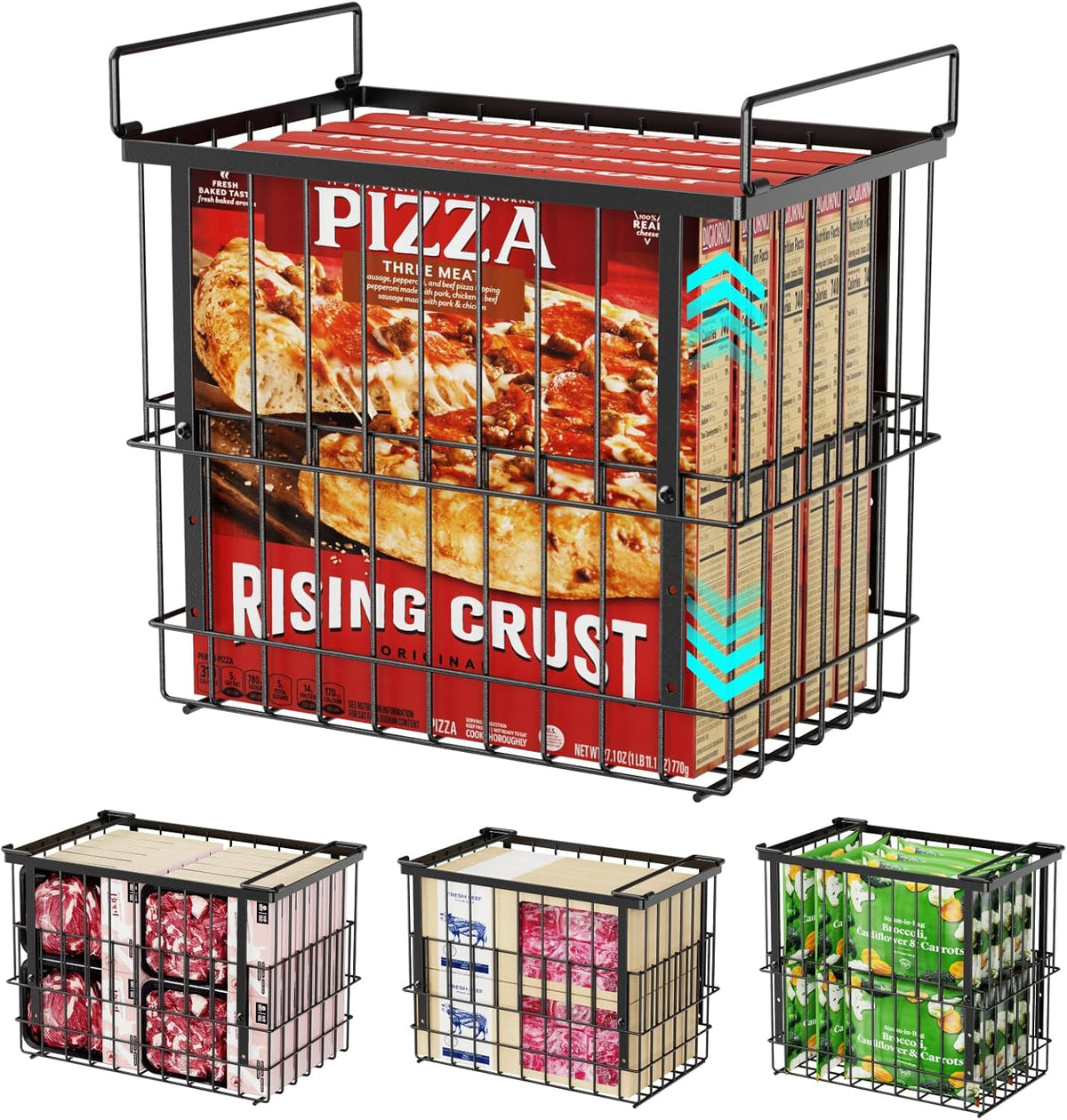 Deep Freezer Organizer Bins - Height-Adjustable Fit 12" Pizza, 2Pcs | Extra Large, Stackable For 5 to 7 Cu. Ft Chest Freezers, Easily Sort and Get Frozen Foods with Handles, No Digging, Black