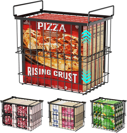 Deep Freezer Organizer Bins - Height-Adjustable Fit 12" Pizza, 2Pcs | Extra Large, Stackable For 5 to 7 Cu. Ft Chest Freezers, Easily Sort and Get Frozen Foods with Handles, No Digging, Black