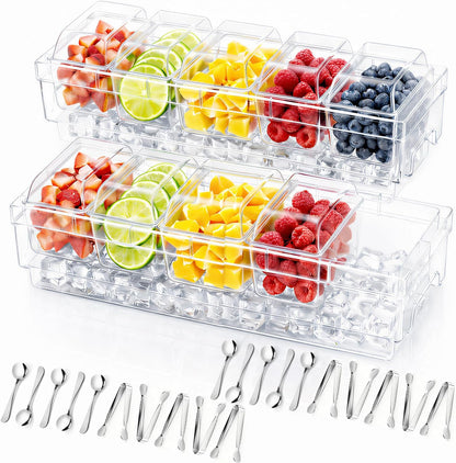 Chilled Condiment Containers with Lids, Plastic Taco Bar Serving Set for Party with 5 Containers, Ice Garnish Tray for Mimosa Bar Supplies, Clear Serving Platter for Fruit, Salad, Snack