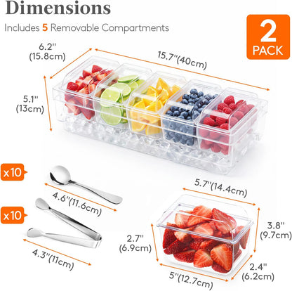 Chilled Condiment Containers with Lids, Plastic Taco Bar Serving Set for Party with 5 Containers, Ice Garnish Tray for Mimosa Bar Supplies, Clear Serving Platter for Fruit, Salad, Snack