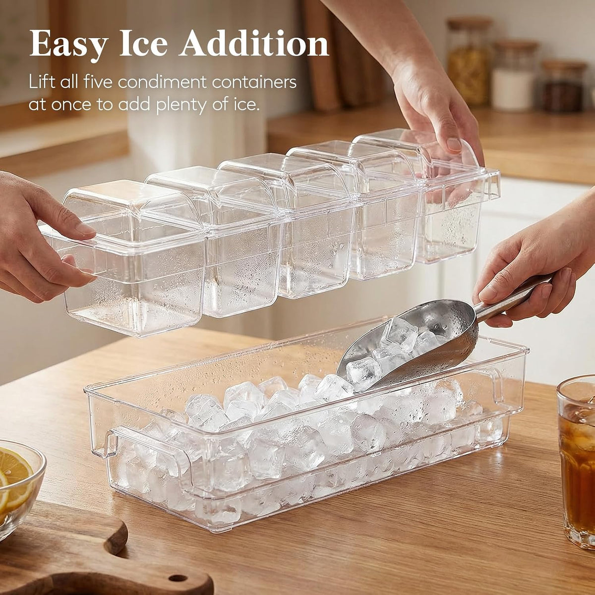 Chilled Condiment Containers with Lids, Plastic Taco Bar Serving Set for Party with 5 Containers, Ice Garnish Tray for Mimosa Bar Supplies, Clear Serving Platter for Fruit, Salad, Snack