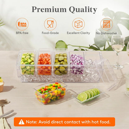 Chilled Condiment Containers with Lids, Plastic Taco Bar Serving Set for Party with 5 Containers, Ice Garnish Tray for Mimosa Bar Supplies, Clear Serving Platter for Fruit, Salad, Snack