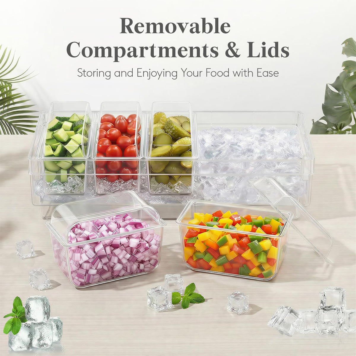 Chilled Condiment Containers with Lids, Plastic Taco Bar Serving Set for Party with 5 Containers, Ice Garnish Tray for Mimosa Bar Supplies, Clear Serving Platter for Fruit, Salad, Snack