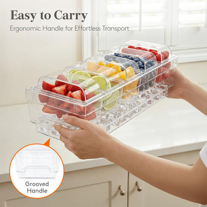 Chilled Condiment Containers with Lids, Plastic Taco Bar Serving Set for Party with 5 Containers, Ice Garnish Tray for Mimosa Bar Supplies, Clear Serving Platter for Fruit, Salad, Snack