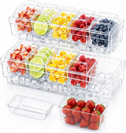 Chilled Condiment Containers with Lids, Plastic Taco Bar Serving Set for Party with 5 Containers, Ice Garnish Tray for Mimosa Bar Supplies, Clear Serving Platter for Fruit, Salad, Snack