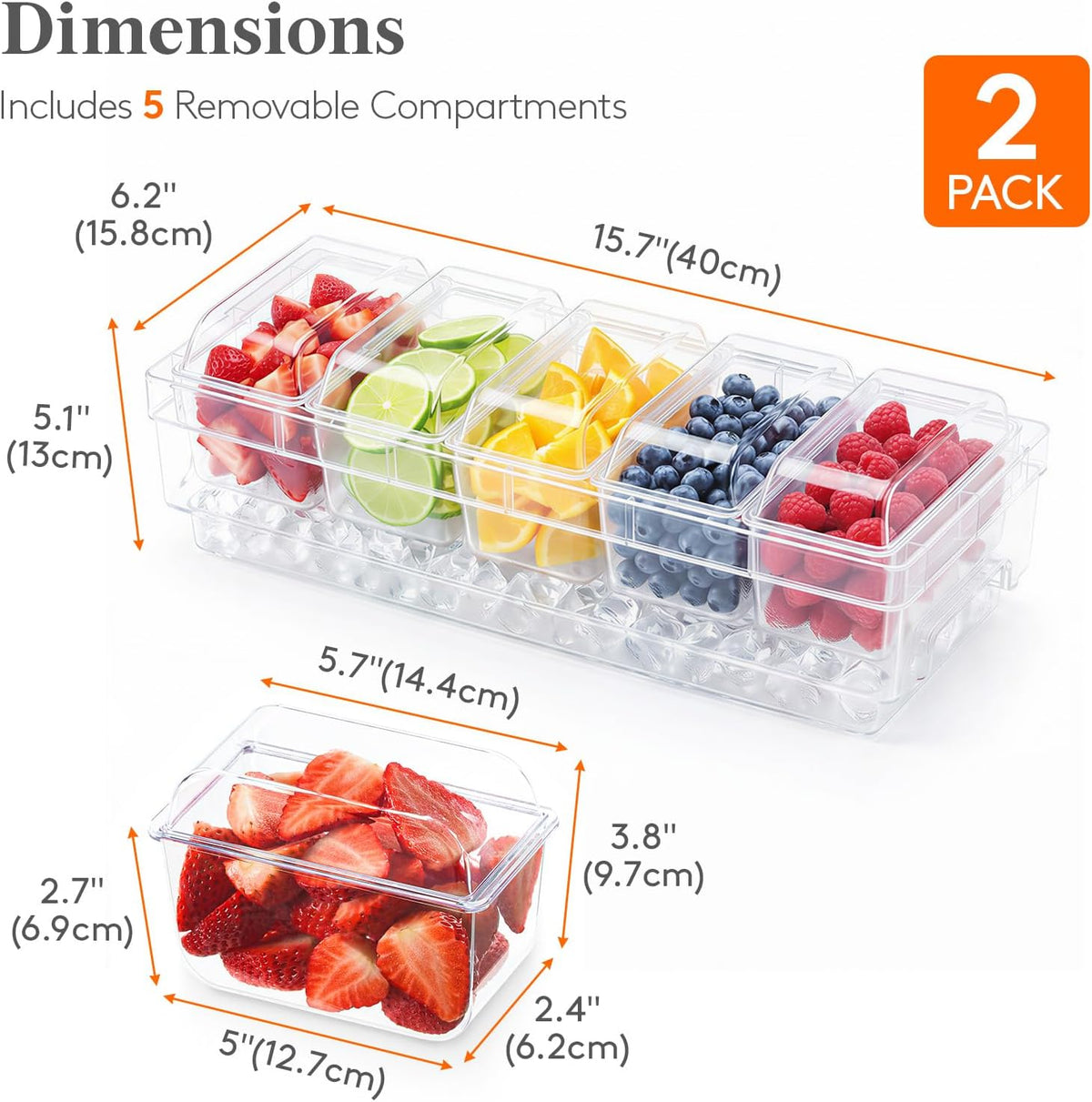 Chilled Condiment Containers with Lids, Plastic Taco Bar Serving Set for Party with 5 Containers, Ice Garnish Tray for Mimosa Bar Supplies, Clear Serving Platter for Fruit, Salad, Snack