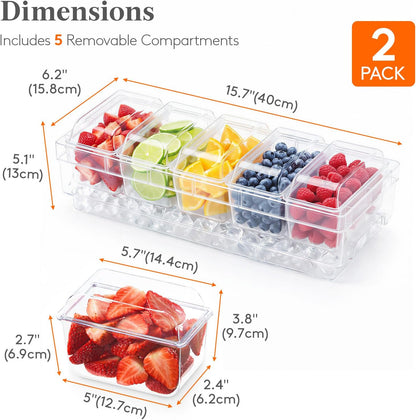 Chilled Condiment Containers with Lids, Plastic Taco Bar Serving Set for Party with 5 Containers, Ice Garnish Tray for Mimosa Bar Supplies, Clear Serving Platter for Fruit, Salad, Snack