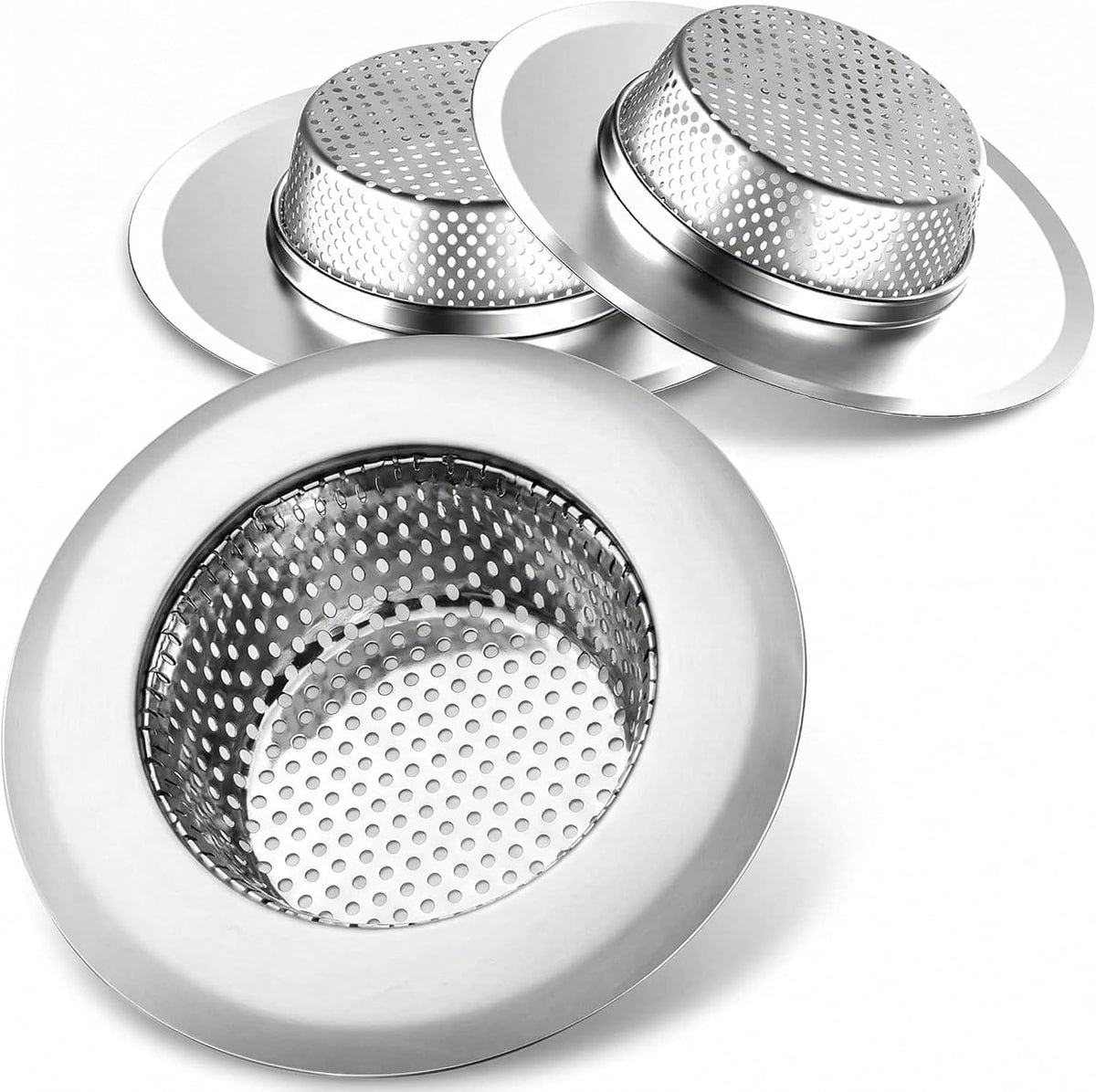 3-Pack Kitchen Sink Strainer - Stainless Steel Drain Filter with Large 4.5" Wide Rim, Anti-Clog Perforated Basket for Standard Sinks