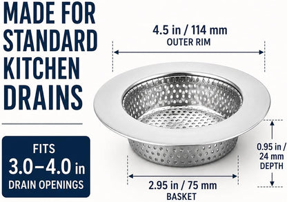 3-Pack Kitchen Sink Strainer - Stainless Steel Drain Filter with Large 4.5" Wide Rim, Anti-Clog Perforated Basket for Standard Sinks