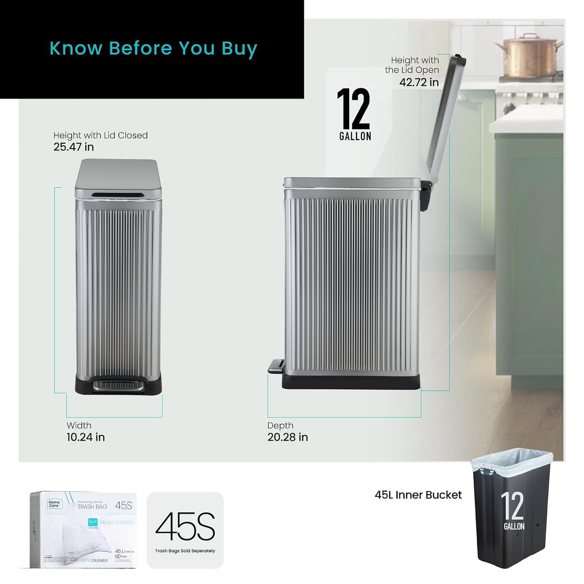 12 Gallon Kitchen Trash Can with Slim Fit Design