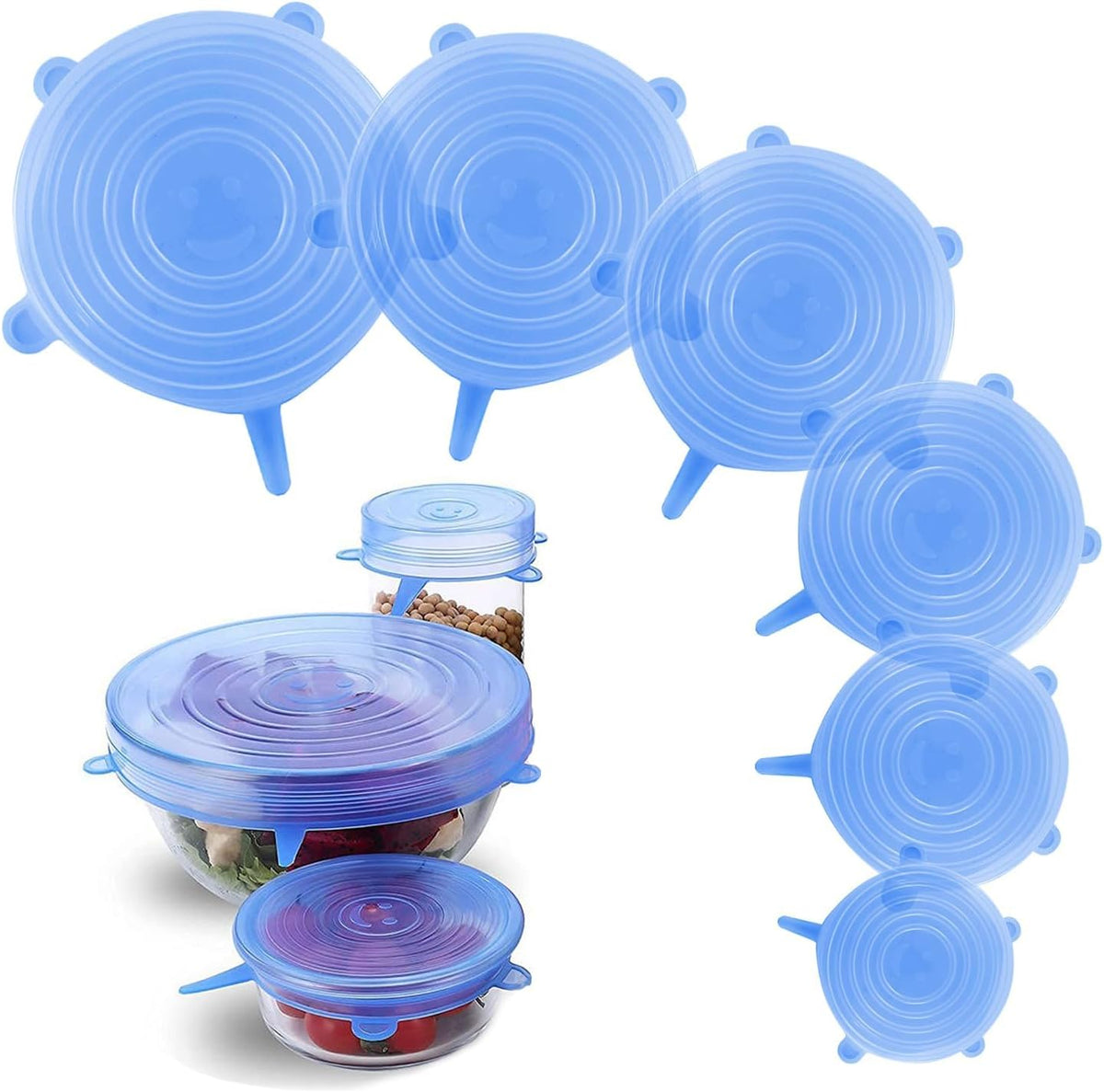 Silicone Stretch Lids – 6 Pack Reusable Food Covers,Flexible Silicone for Bowls, Containers, Fruits – Airtight & Leakproof Seal for Kitchen Storage(blue)