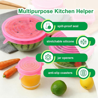 Silicone Stretch Lids – 6 Pack Reusable Food Covers,Flexible Silicone for Bowls, Containers, Fruits – Airtight & Leakproof Seal for Kitchen Storage(blue)