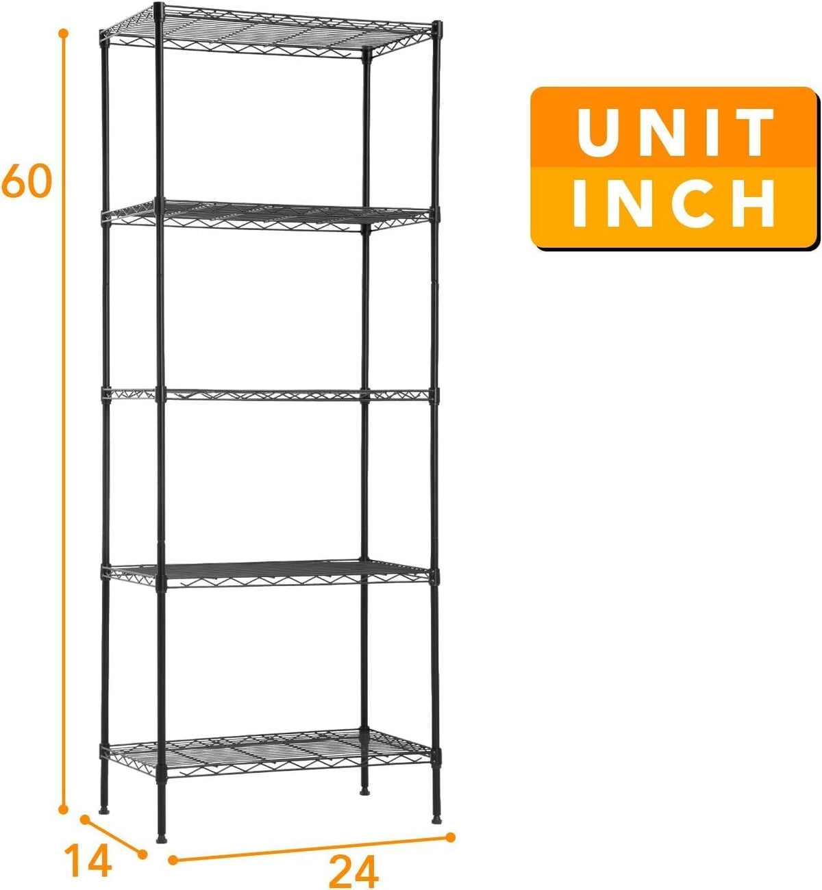14" D×24" W×60" H Wire Shelving Unit Metal Commercial Shelf with 5 Tier Layer Rack Strong Steel for Restaurant Garage Pantry Kitchen Garage，Black