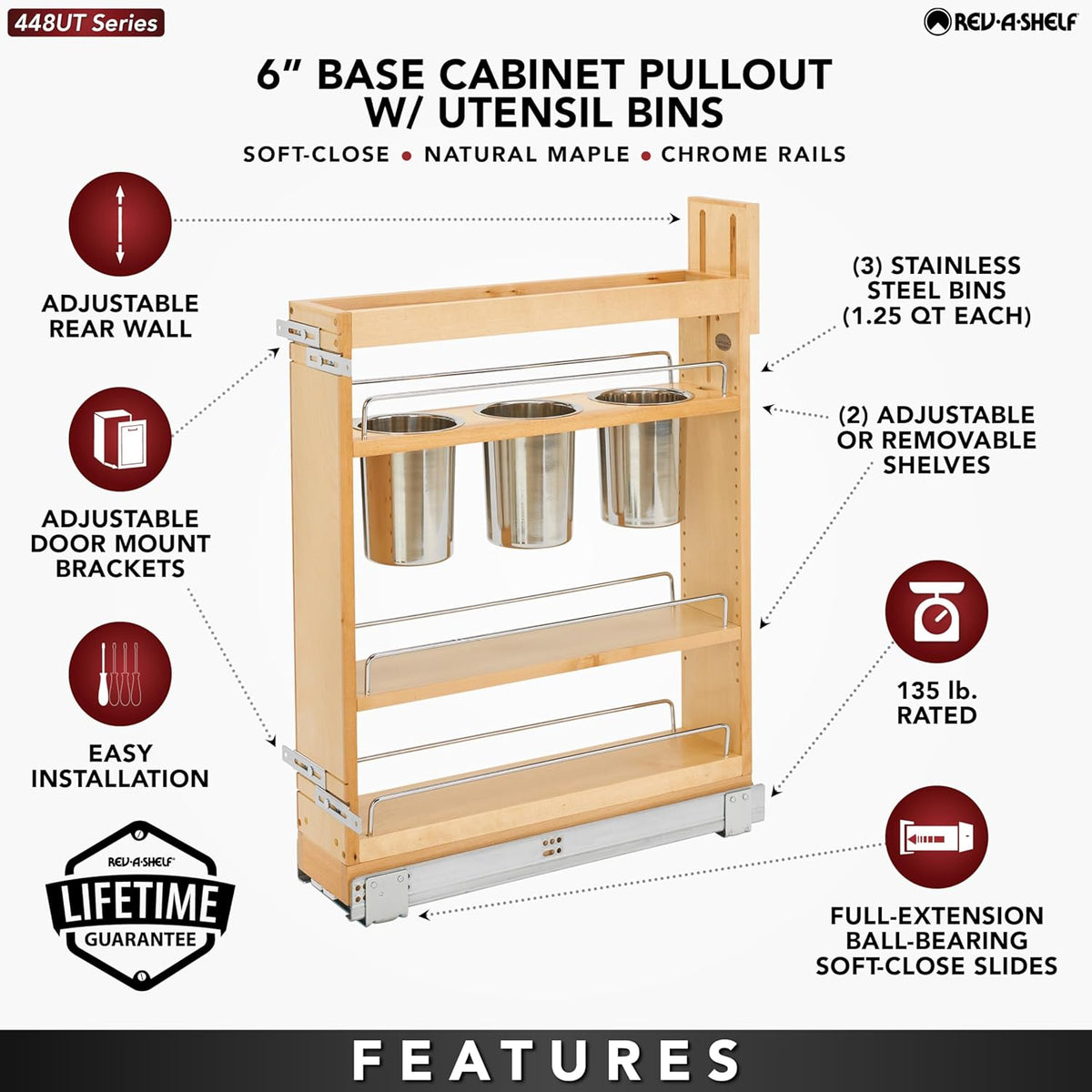 Pullout Organizer w/Soft-Close, Min Cabinet Opening 5.5" W | 5" W Slide Out Pantry Spice or Utensil Storage Rack w/BLUM Soft-Close & Adjustable Shelves for Base Cabinet, 448UT-BCSC-5C