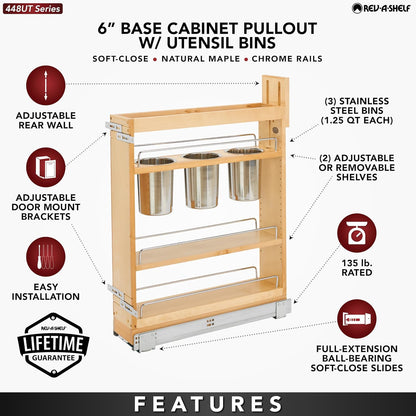 Pullout Organizer w/Soft-Close, Min Cabinet Opening 5.5" W | 5" W Slide Out Pantry Spice or Utensil Storage Rack w/BLUM Soft-Close & Adjustable Shelves for Base Cabinet, 448UT-BCSC-5C