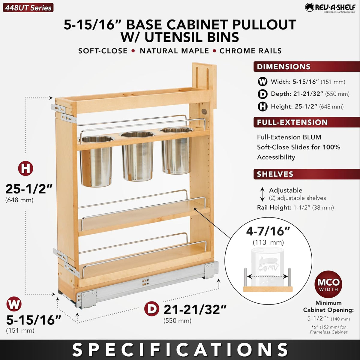 Pullout Organizer w/Soft-Close, Min Cabinet Opening 5.5" W | 5" W Slide Out Pantry Spice or Utensil Storage Rack w/BLUM Soft-Close & Adjustable Shelves for Base Cabinet, 448UT-BCSC-5C
