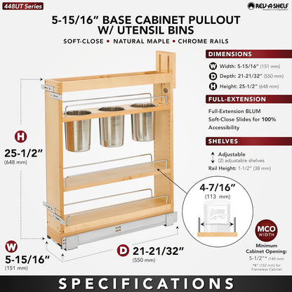 Pullout Organizer w/Soft-Close, Min Cabinet Opening 5.5" W | 5" W Slide Out Pantry Spice or Utensil Storage Rack w/BLUM Soft-Close & Adjustable Shelves for Base Cabinet, 448UT-BCSC-5C