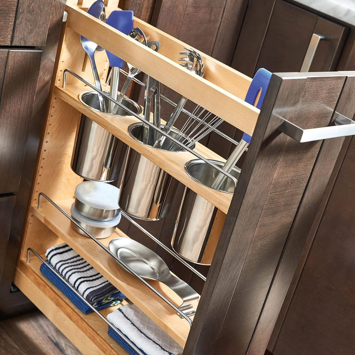 Pullout Organizer w/Soft-Close, Min Cabinet Opening 5.5" W | 5" W Slide Out Pantry Spice or Utensil Storage Rack w/BLUM Soft-Close & Adjustable Shelves for Base Cabinet, 448UT-BCSC-5C