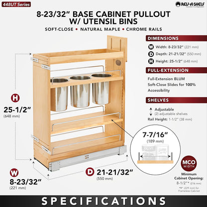 Pullout Organizer w/Soft-Close, Min Cabinet Opening 5.5" W | 5" W Slide Out Pantry Spice or Utensil Storage Rack w/BLUM Soft-Close & Adjustable Shelves for Base Cabinet, 448UT-BCSC-5C