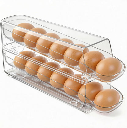 Auto Rolling Egg Dispenser for Refrigerator with Quick Removable Inner Tray, Space-Saving Egg Organizer and Holder, Egg Storage Container for Fridge, Easy to Load and Grab Eggs (1 Pack)