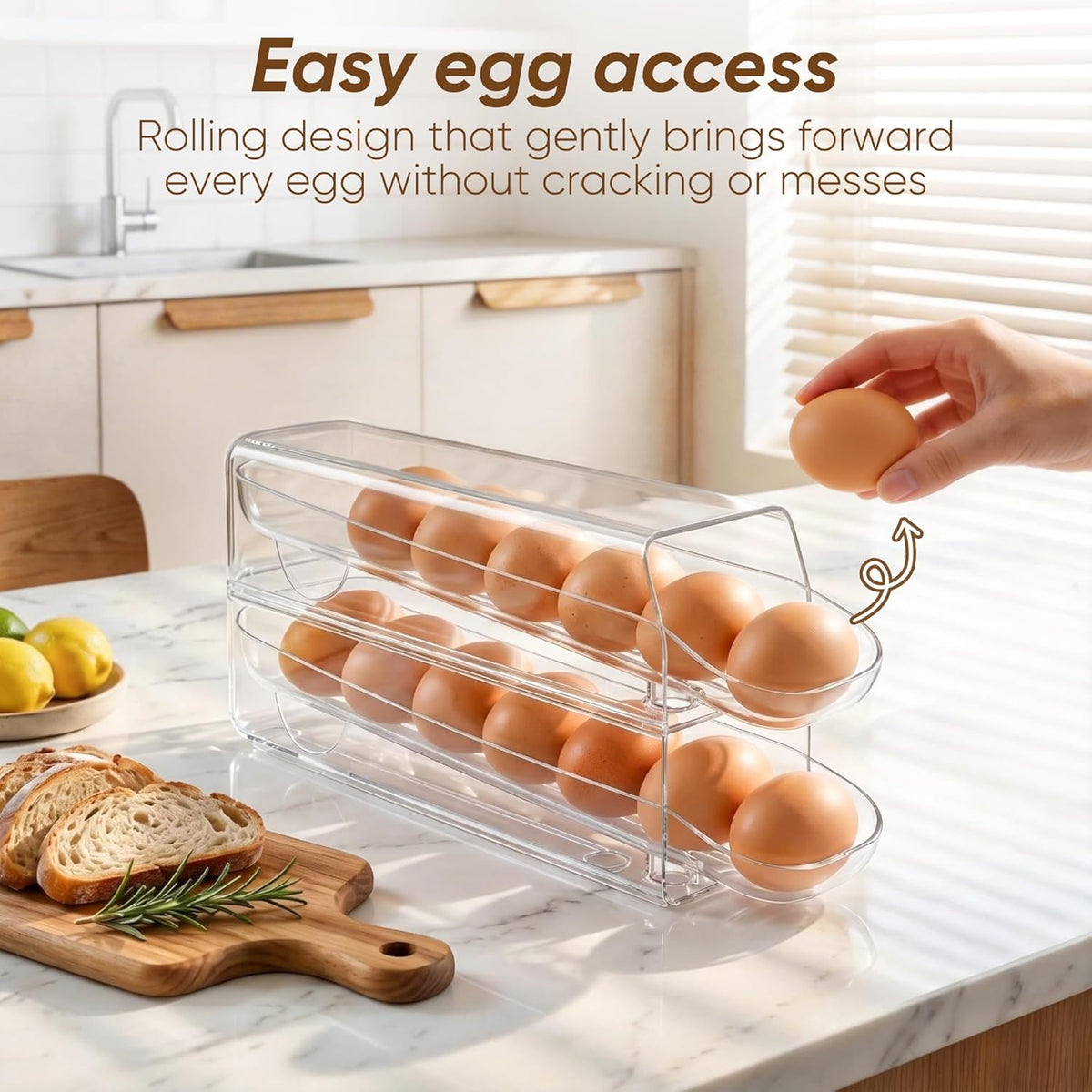 Auto Rolling Egg Dispenser for Refrigerator with Quick Removable Inner Tray, Space-Saving Egg Organizer and Holder, Egg Storage Container for Fridge, Easy to Load and Grab Eggs (1 Pack)
