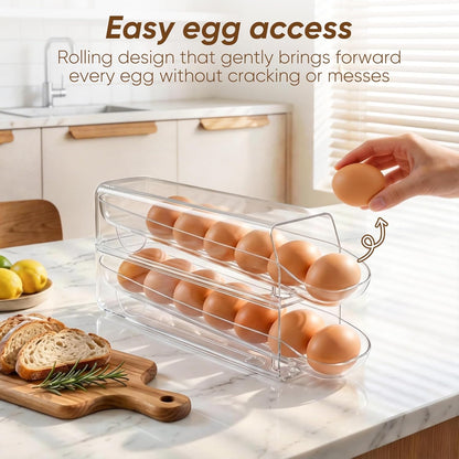 Auto Rolling Egg Dispenser for Refrigerator with Quick Removable Inner Tray, Space-Saving Egg Organizer and Holder, Egg Storage Container for Fridge, Easy to Load and Grab Eggs (1 Pack)