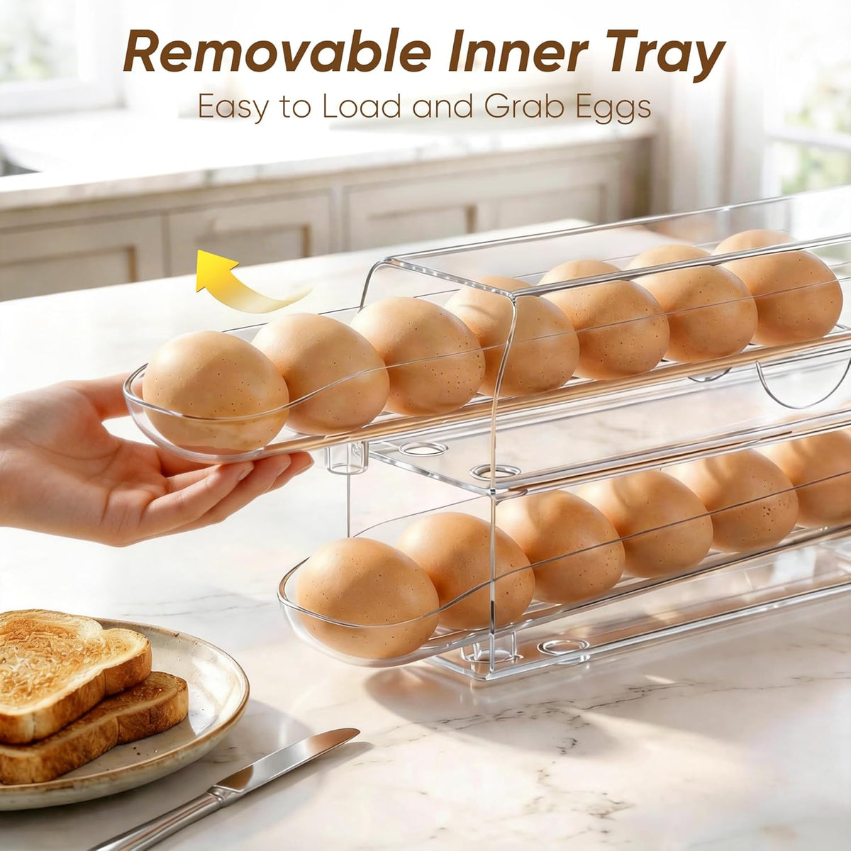 Auto Rolling Egg Dispenser for Refrigerator with Quick Removable Inner Tray, Space-Saving Egg Organizer and Holder, Egg Storage Container for Fridge, Easy to Load and Grab Eggs (1 Pack)