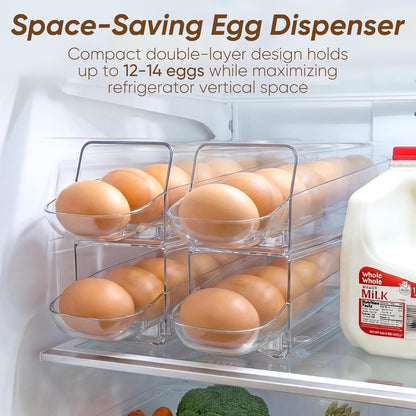 Auto Rolling Egg Dispenser for Refrigerator with Quick Removable Inner Tray, Space-Saving Egg Organizer and Holder, Egg Storage Container for Fridge, Easy to Load and Grab Eggs (1 Pack)
