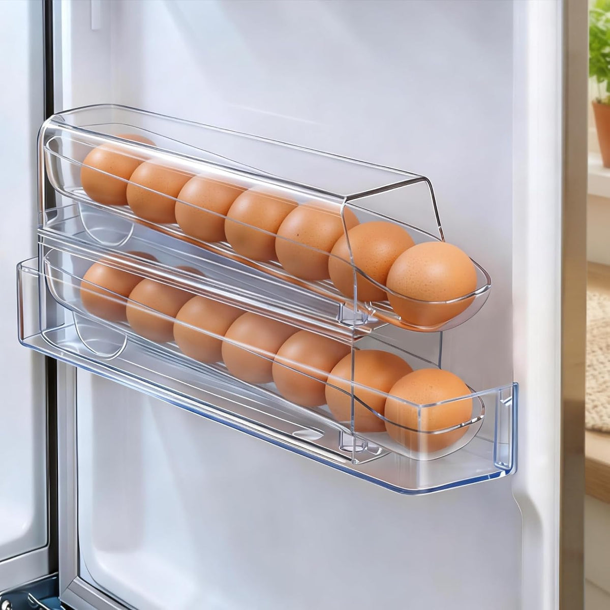 Auto Rolling Egg Dispenser for Refrigerator with Quick Removable Inner Tray, Space-Saving Egg Organizer and Holder, Egg Storage Container for Fridge, Easy to Load and Grab Eggs (1 Pack)