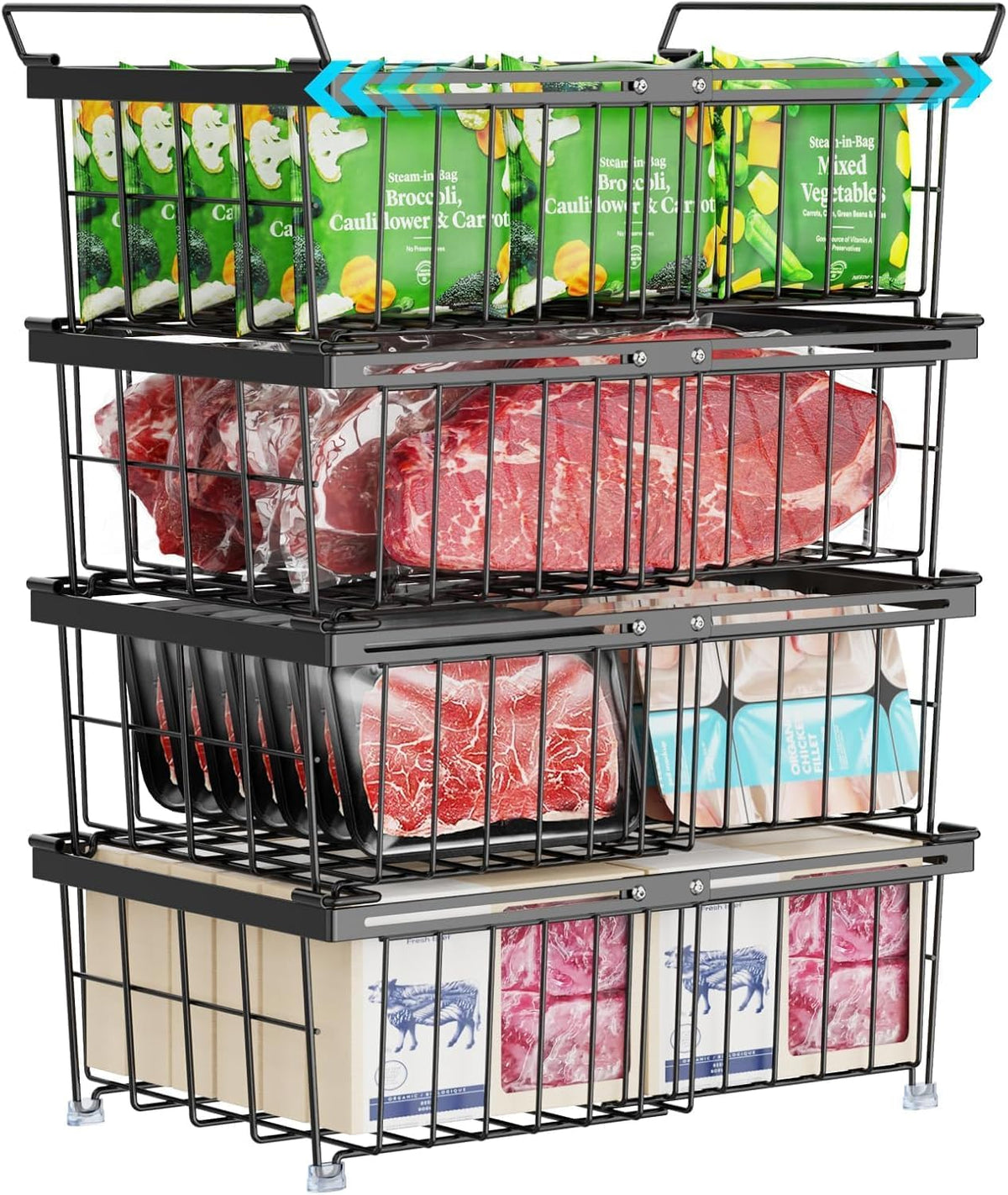 Deep Freezer Organizer Bins - Stackable Freezer Organizer Bins | 4 Pack For 10 to 20 Cu. Ft Chest Freezers, Wire Baskets for Frozen Food, Easy Food Access and Restocking, Black