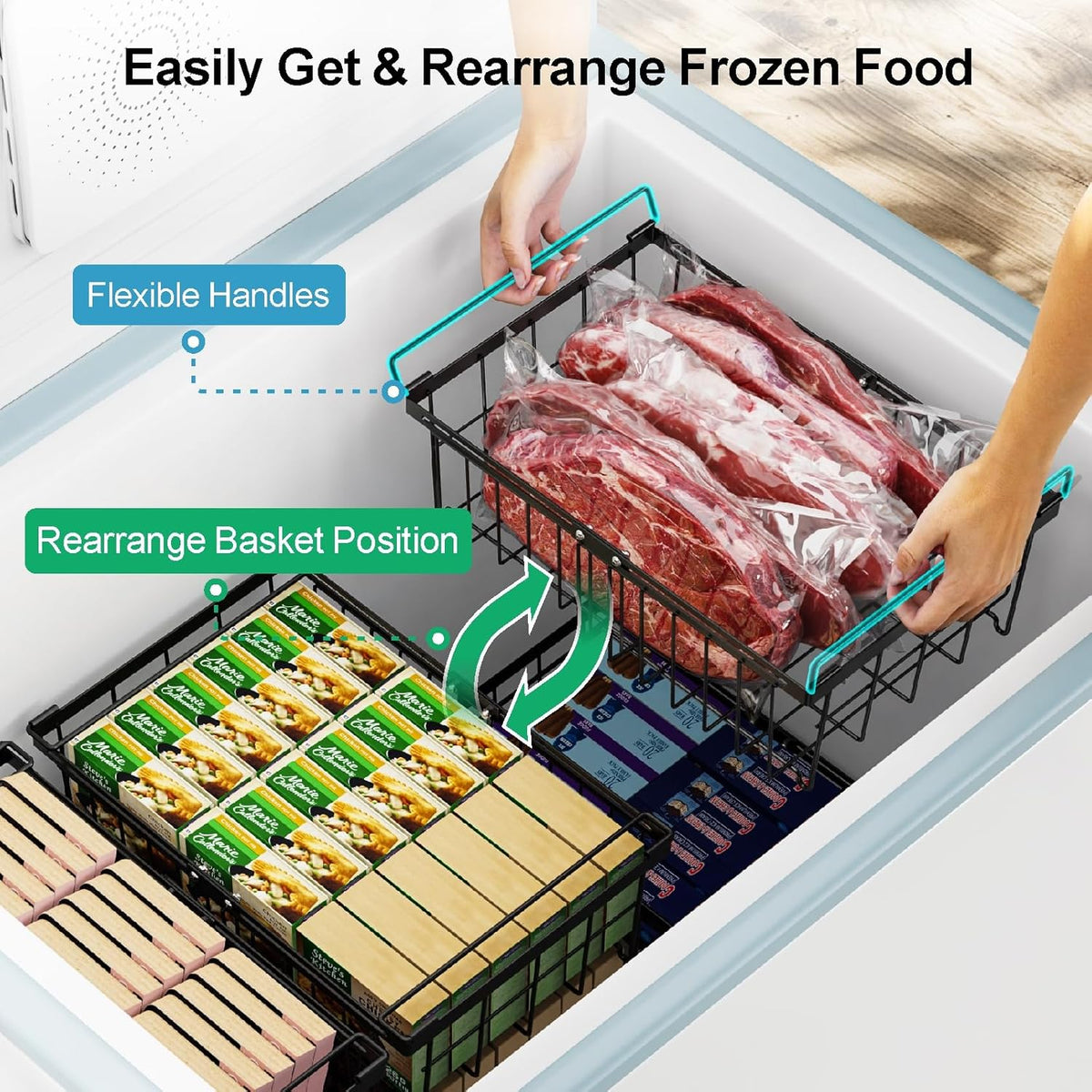 Deep Freezer Organizer Bins - Stackable Freezer Organizer Bins | 4 Pack For 10 to 20 Cu. Ft Chest Freezers, Wire Baskets for Frozen Food, Easy Food Access and Restocking, Black