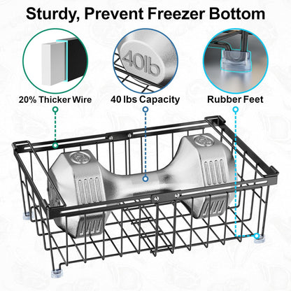 Deep Freezer Organizer Bins - Stackable Freezer Organizer Bins | 4 Pack For 10 to 20 Cu. Ft Chest Freezers, Wire Baskets for Frozen Food, Easy Food Access and Restocking, Black
