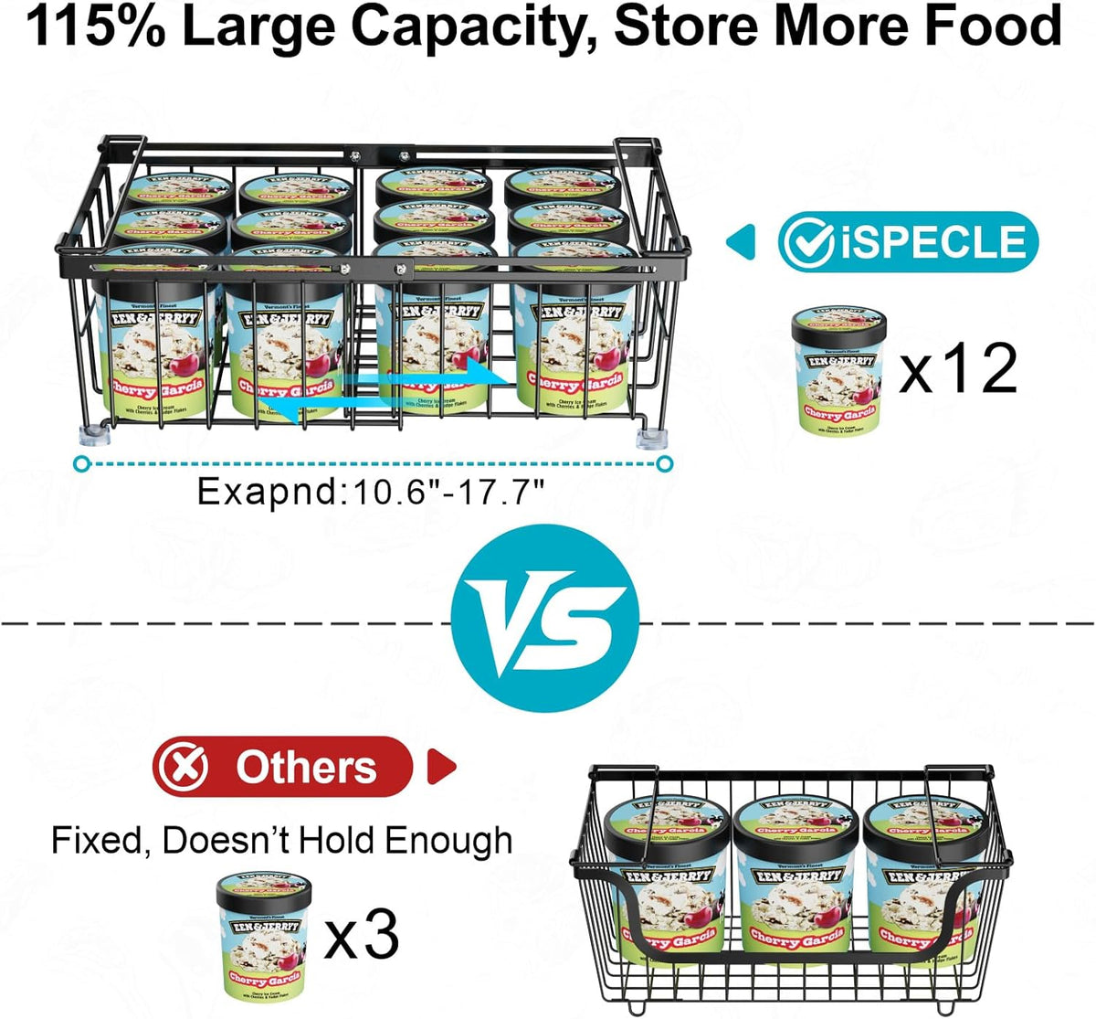 Deep Freezer Organizer Bins - Stackable Freezer Organizer Bins | 4 Pack For 10 to 20 Cu. Ft Chest Freezers, Wire Baskets for Frozen Food, Easy Food Access and Restocking, Black