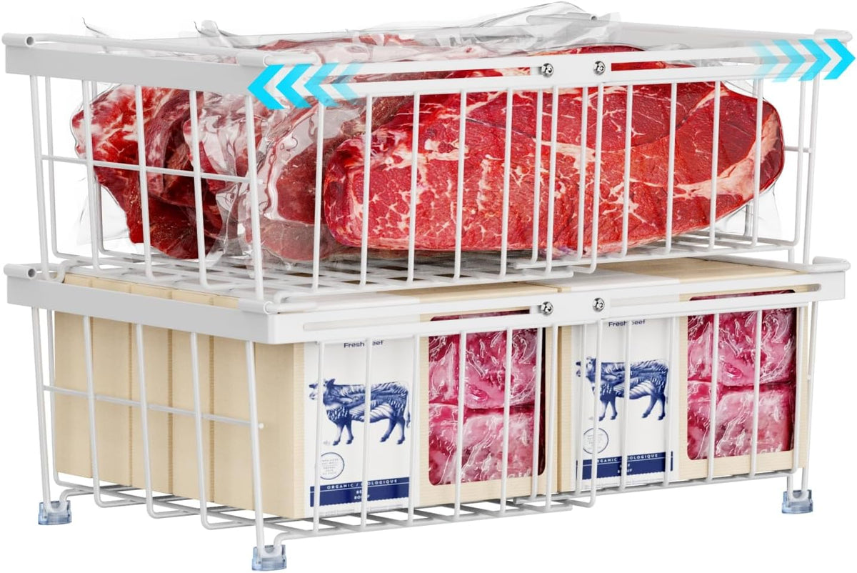 Deep Freezer Organizer Bins - Stackable Freezer Organizer Bins | 4 Pack For 10 to 20 Cu. Ft Chest Freezers, Wire Baskets for Frozen Food, Easy Food Access and Restocking, Black